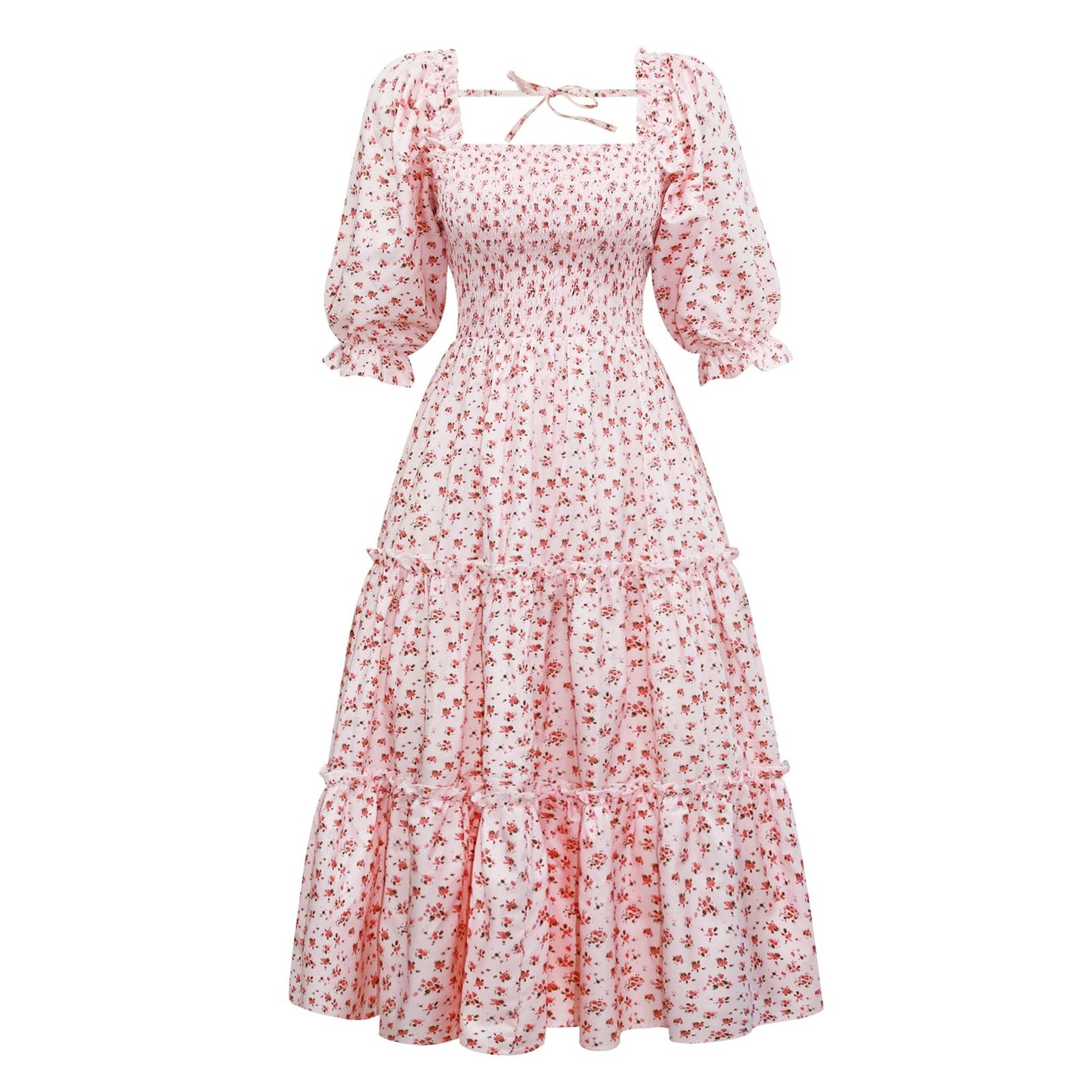 Vestidos de princesa a juego con manga farol y estampado floral rosa6