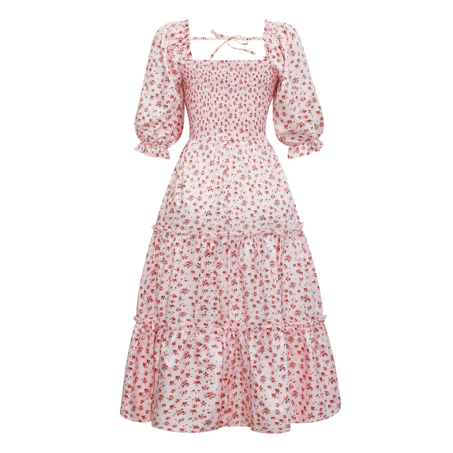 Vestidos de princesa a juego con manga farol y estampado floral rosa6