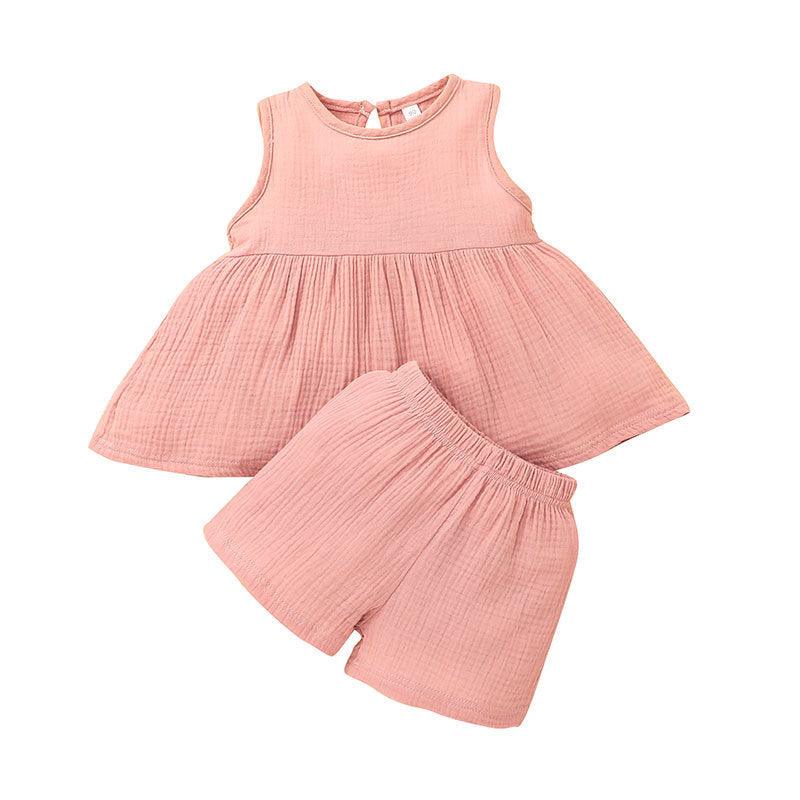 Girls Pure Color Pink Princess Sleeves Dress with Shorts - Twinklee