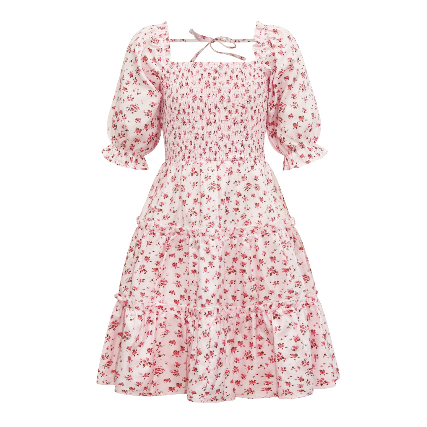 Vestidos de princesa a juego con manga farol y estampado floral rosa6