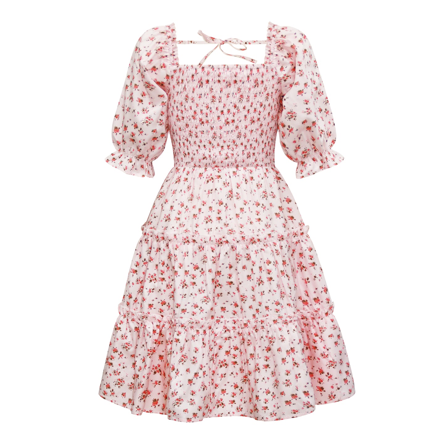 Vestidos de princesa a juego con manga farol y estampado floral rosa6