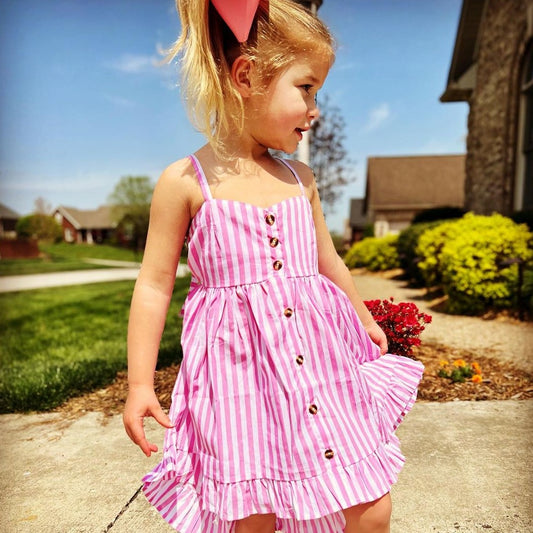 فستان صيفي بناتي مخطط بحمالات وردي