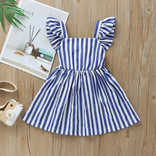 Girls Short-sleeved Blue Striped Dress