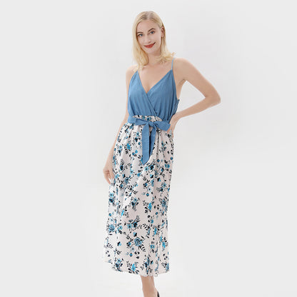 Light Blue Floral Print Splicing Dress and Polo Family Matching Outfit