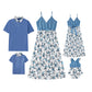 Light Blue Floral Print Splicing Dress and Polo Family Matching Outfit