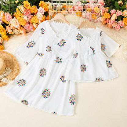 Vestido de Gasa Bordada para Mamá e Hija