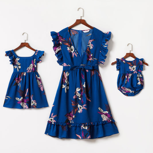 V-neck Blue Floral Dress for Mom and Daughter