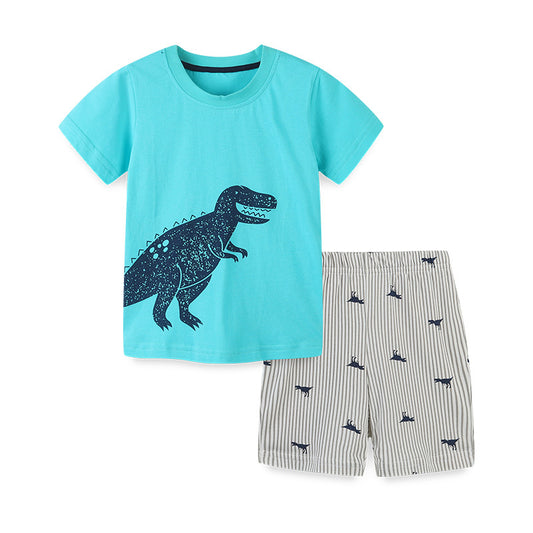 Summer Cotton Knitted Blue T-shirt and Shorts Two-Piece Set